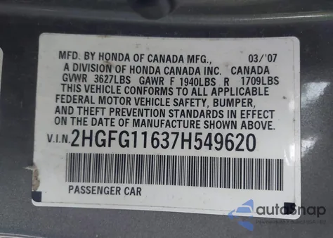 2007 Honda Civic Lx z USA, uszkodzony, nr VIN 2HGFG11637H549620